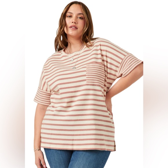 Hayden Los Angeles Waffle Textured Mixed Stripe Oversize Knit Tee Size 3XL - Picture 4 of 11